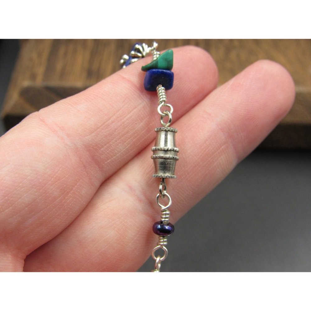 20" Sterling Silver Malachite Lapis Lazuli Sun Pendant Necklace Vintage - Picture 7 of 9